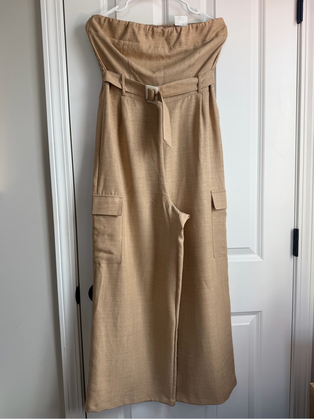 Strapless Wide-Leg Cargo Jumpsuit in Beige